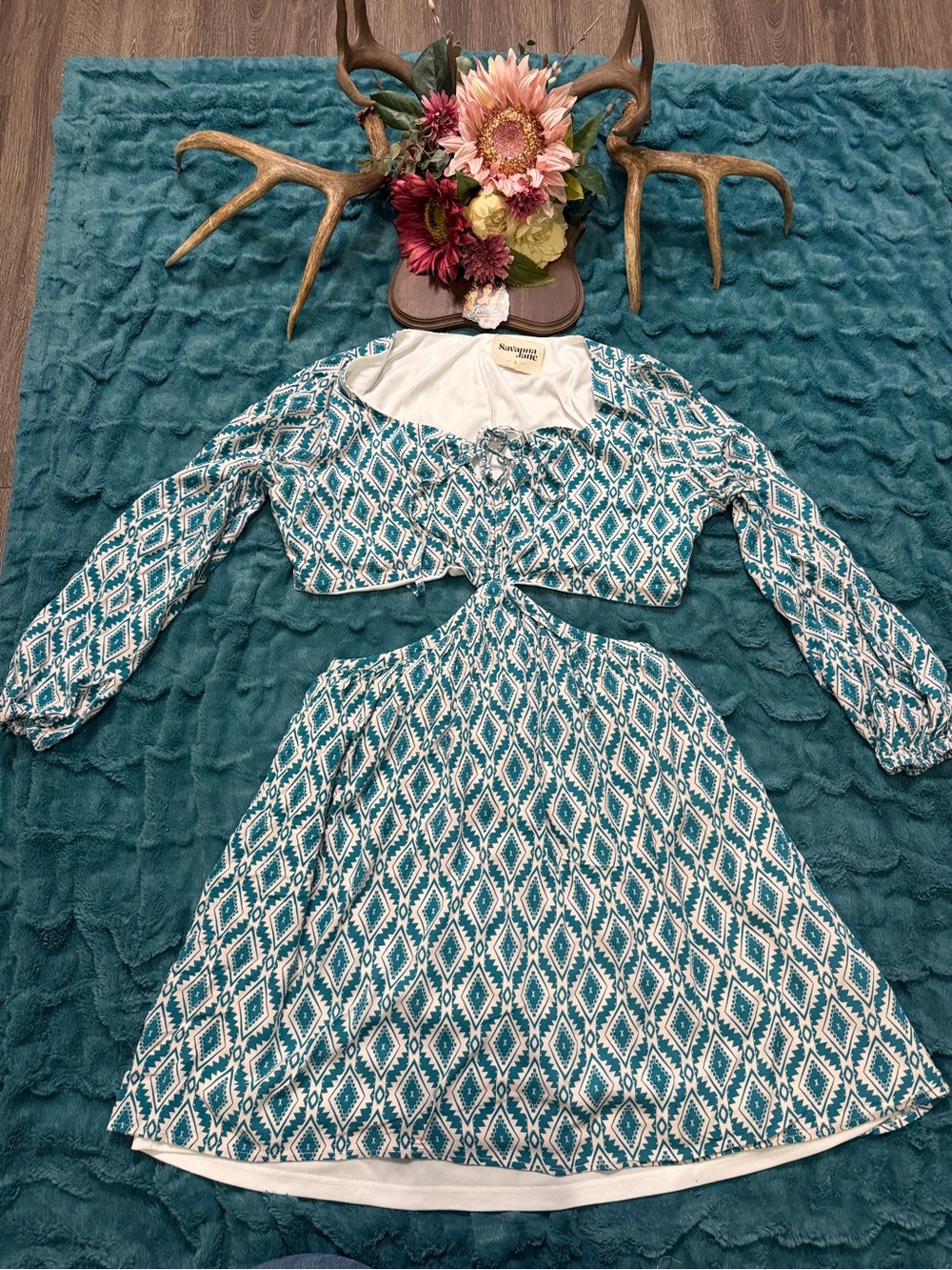Savanna Jane Southwestern Cutout Mini Dress Teal Cream Long Sleeve